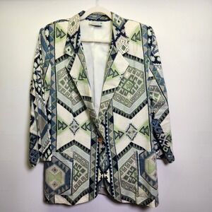 Vtg Danielle B Southwestern Print Blazer Lrg Cotton Flax Blend Lined Pockets 90s